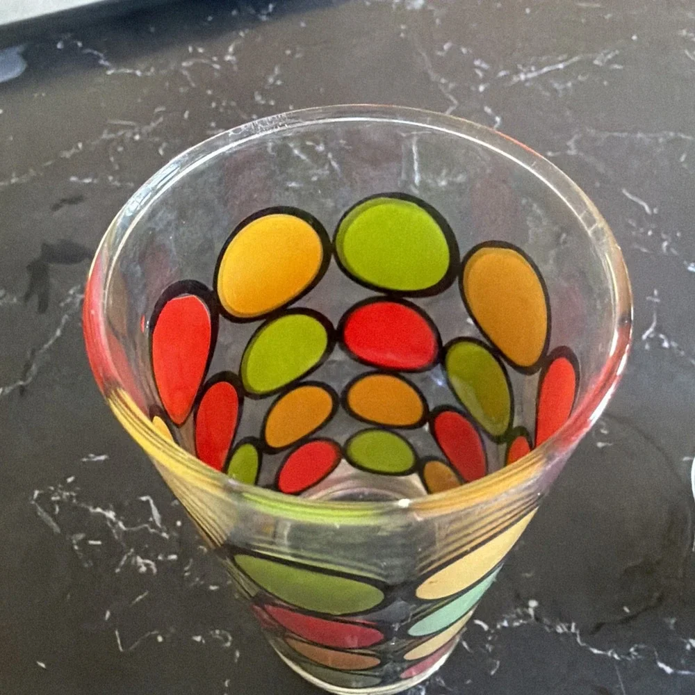 Vintage Set of 4 Mid Century Modern Retro Glasses Red Yellow Green Polka Dot 70s